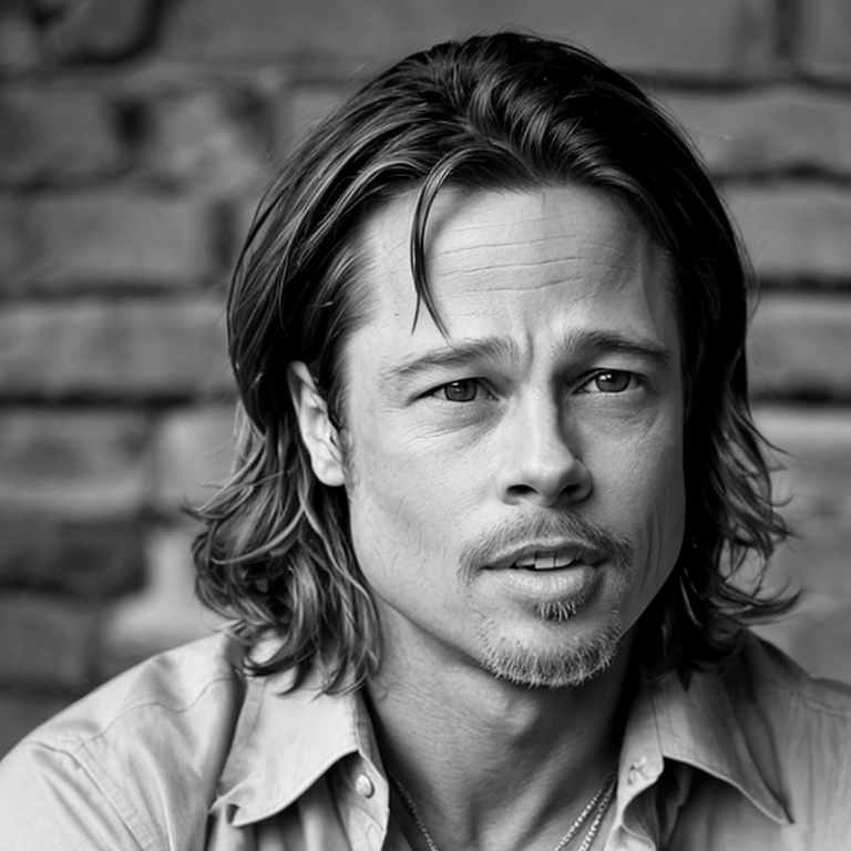 Brad PittRocco Seffredi, male face, look into camera big eyes, dressed like a cowboy, abbey dark cellar -bw